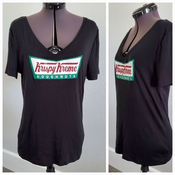 Krispy Kreme x A New Day Women's T-Shirt Large Black Graphic V-Neck Soft NEW - Picture 1 of 6